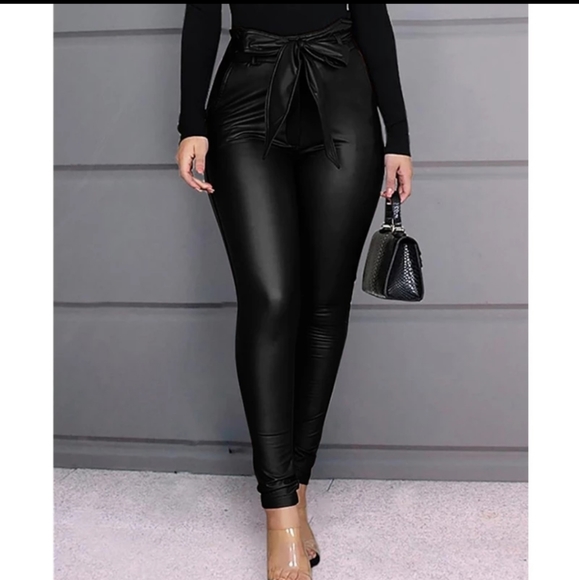 Paperbag Waist Faux Leather Pants - Picture 6 of 8